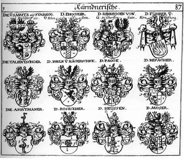 Coats of arms of Ambtmaner, Führer, Heusen, Heysen, Khainbach, Moser, Mosser, Pagge, Paulen, Repacher, Roeseckher, Rösecker, Tallentschger, Zenneggen