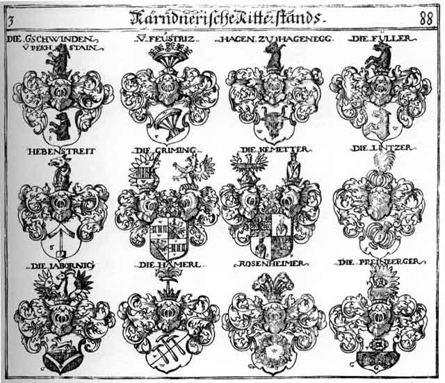 Coats of arms of Feustritz, Füller, Griming, Haemerl, Hagen, Haggen, Hagn, Hämerl, Hammerl, Hebenstreit, Jabornig, Preinberger, Rosenheimer
