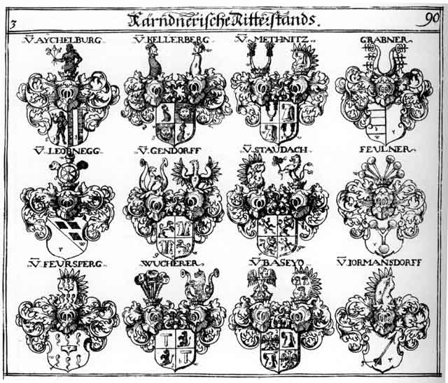 Coats of arms of Aychelburg, Baleyo, Ehinger, Feulner, Feursperg, Gendorff, Grabner, Jormansdorff, Kellerberg, Leobnegg, Methnitz