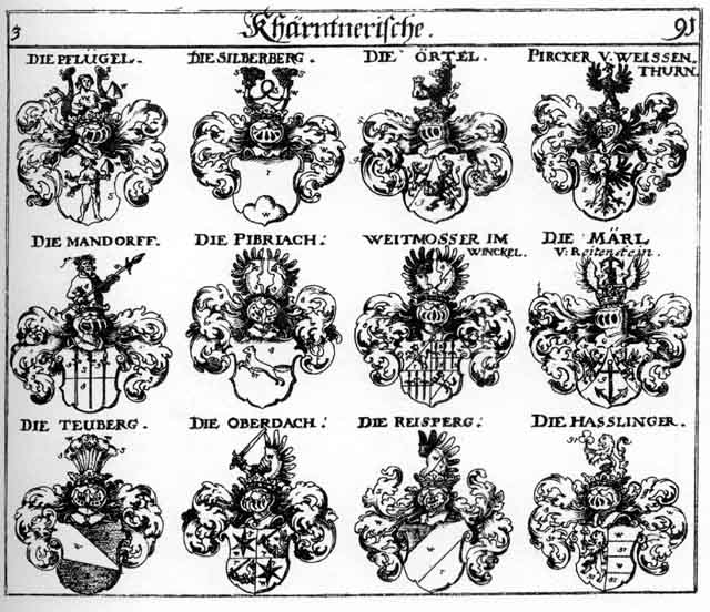 Coats of arms of Haslinger, Hasslinger, Maerl, Mandorff, Märl, Oberdach, Oertel, Pflügel, Pibriach, Pircker, Silberberg, Teuberg, Weitmosser