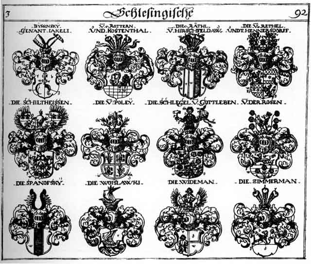 Coats of arms of Altendoren, Byffinsky, Hennersdorf, Jakeli, Kostenthal, Poley, Raethl, Räthl, Rethel, Rosen, Rother, Rottern, Schiltheisen, Schlegel, Spanofsky, Widemann, Widenmänner, Widmann, Woislawky, Zimmermann
