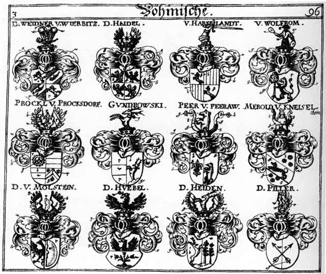 Coats of arms of Beer, Gundrowsky, Haberland, Haidel, Haiden, Hayden, Heiden, Heyden, Hubel, Huebel, Merold, Molstein, Peer, Piller, Pröckel, Pröckl, Weidner, Wolfrom