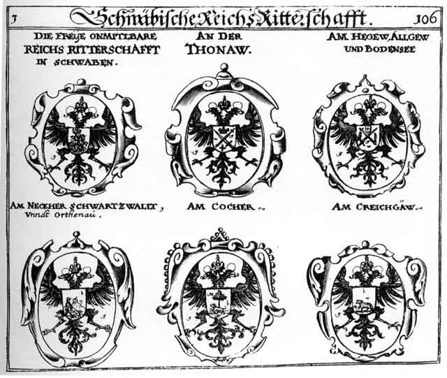 Coats of arms of Bodensee Ritterschafft, Cocher, Creichaw, Hegew, Koeelnpecken, Koelnbecken, Kolnbecken, Neckher Rittersch, Schwartzwaldt