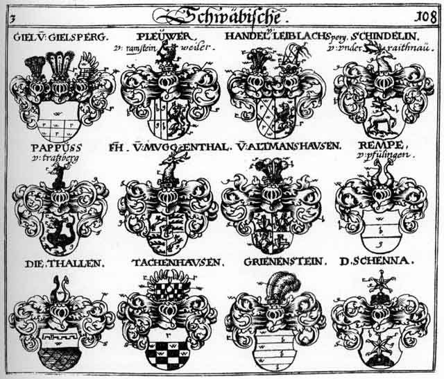 Coats of arms of Altmannshausen, Erckendill, Giel, Grienenstein, Grünenstein, Handel, Müggenthal FH, Orthenau Rittersch, Pappuss, Pleuwer, Rempo, Schenna, Schindelein, Talhen, Thailen