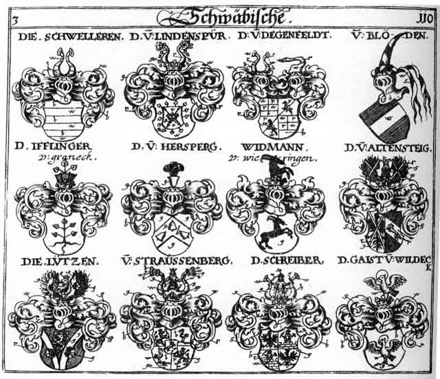 Coats of arms of Altensteig, Blöden, Gaist, Geist, Geyst, Hersperg, Ifflinger, Lietzen, Lindenspur, Lützen, Schreiber, Schwelleren, Straussenberg