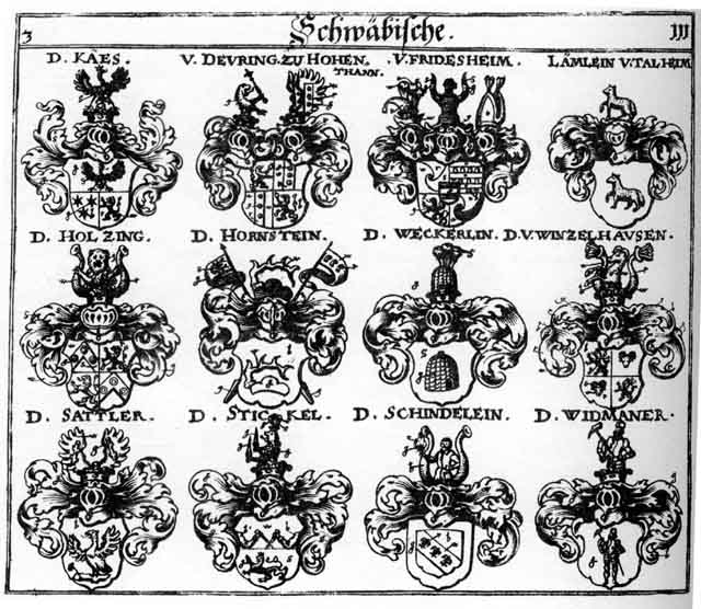 Coats of arms of Bruggeney, Deuring, Fridesheim, Holtzing, Kaës, Lämblein, Lemblein, Sattler, Schindelein, Stickel, Theuring, Wintzelhausen