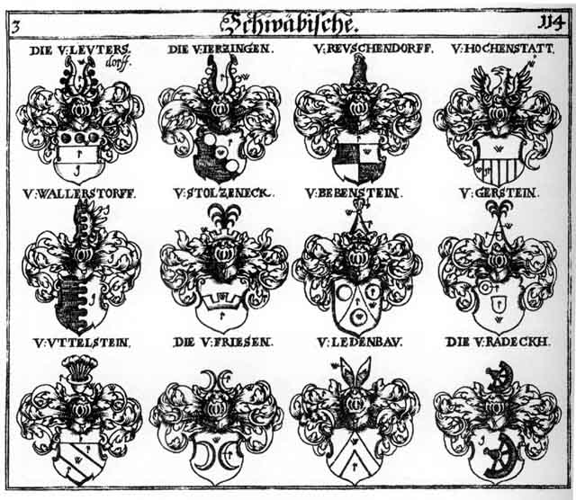 Coats of arms of Bebenftein, Gerstein, Hochenstatt, Hohenstatt, Jerzingen, Ledenbau, Leutersdorff, Radeck, Reuschendorff, Stoltzenegg, Uttelstein, Wallersdorff