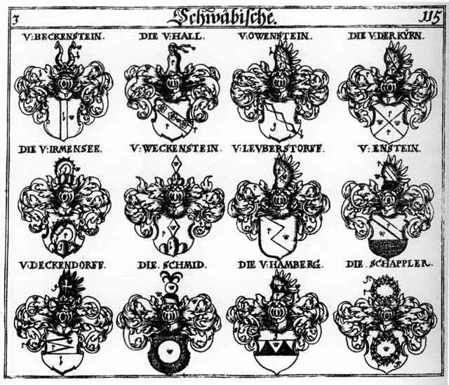 Coats of arms of Beckenstein, Deckendorff, Enstein, Haemberg, Hall, Hämberg, Irmensee, Khürn, Kyrn, Leubersdorff, Owenstein, Schappler, Schmidt, Schmidten, Schmit, Teckendorff, Weckenstein
