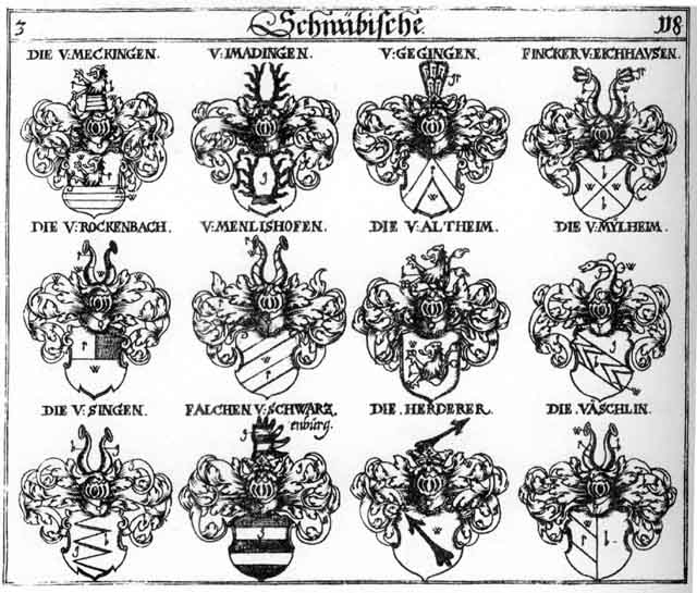 Coats of arms of Altheim, Falchen, Fincker, Gegingen, Haiden, Heiden, Herderer, Heyden, Imadingen, Meckingen, Menlishofen, Rockenbach, Roggenbach, Singen, Väschlin, Vincker, Weckerlin