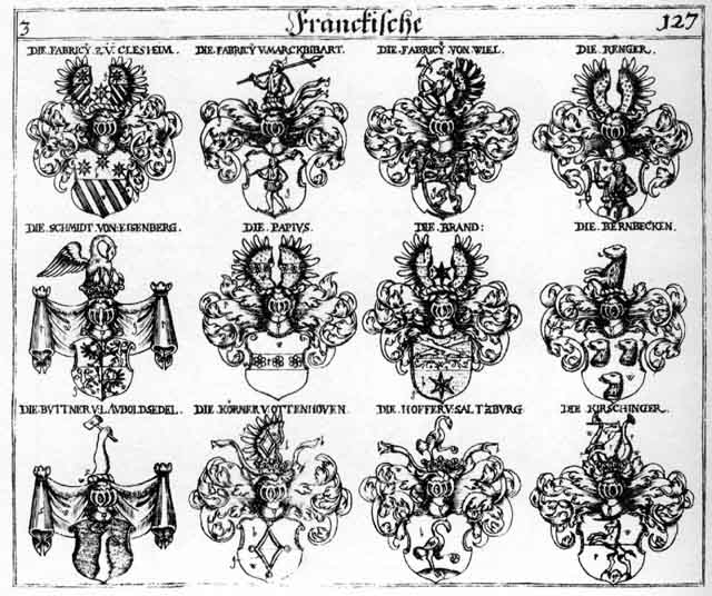 Coats of arms of Bernbecken, Brand, Brandt, Bütner, Fabricii, Hofer, Hoffer, Kirschinger, Körner, Papius, Prand, Renger, Schmidt, Schmidten, Schmit