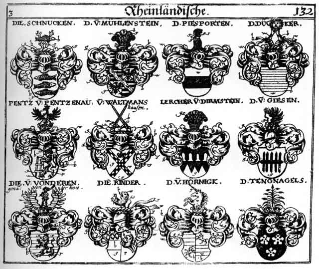 Coats of arms of Bentzen, Dügker, Giesen, Güsen, Hornigk, Lercher, Mühlenstein, Pensen, Pentz, Pentzen, Piesporten, Rinder, Schnucken, Tengnagel, V der Hove, Vonderen, Waltmanshausen