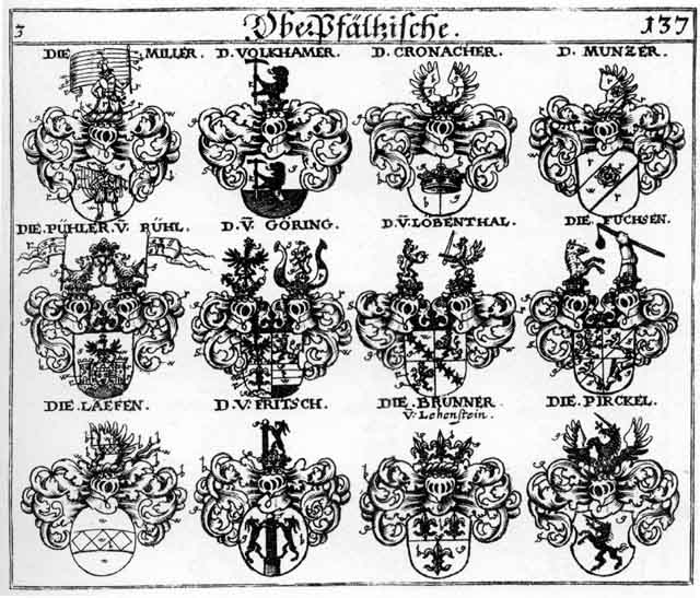 Coats of arms of Birgel, Brunner, Byrbel, Cronacher, Fritsch, Fritschen, Fuchs, Fuchsen, Goering, Göring, Laësen, Münczer, Müntzer, Pirckel, Prunner, Pueheler, Pühler, Purckbel, Volckamer