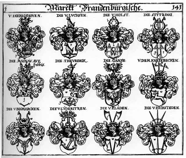 Coats of arms of Bismarcken, Dierigshofen, Düringshoven, Gaense, Gänfe, Holst, Kladen, Knesebeck, Luchsen, Lyderitzen, Mainau, Styzing