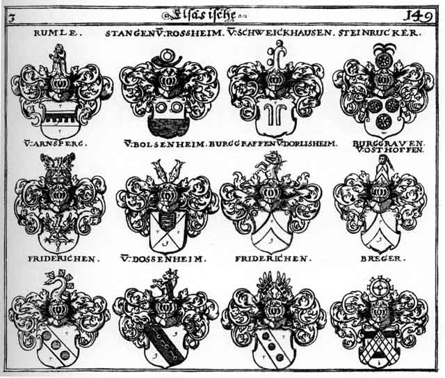 Coats of arms of Arnsperg, Bolsenheim, Breger, Burggraven, Burgrafen, Dossenheim, Friderichen, Rumle, Schweickhausen, Steinrucker