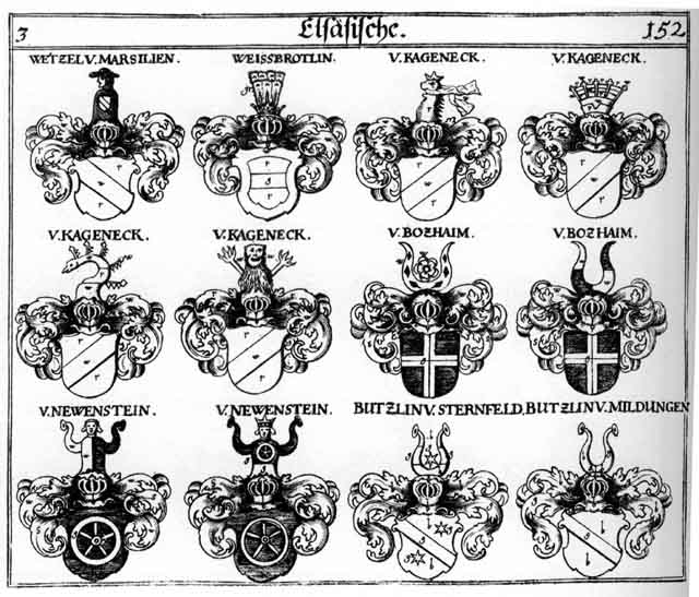 Coats of arms of Botzheim, Butzlin, Funcken, Kageneck, Neuenstein, Newenstein, Weisbrotlin, Wetzel