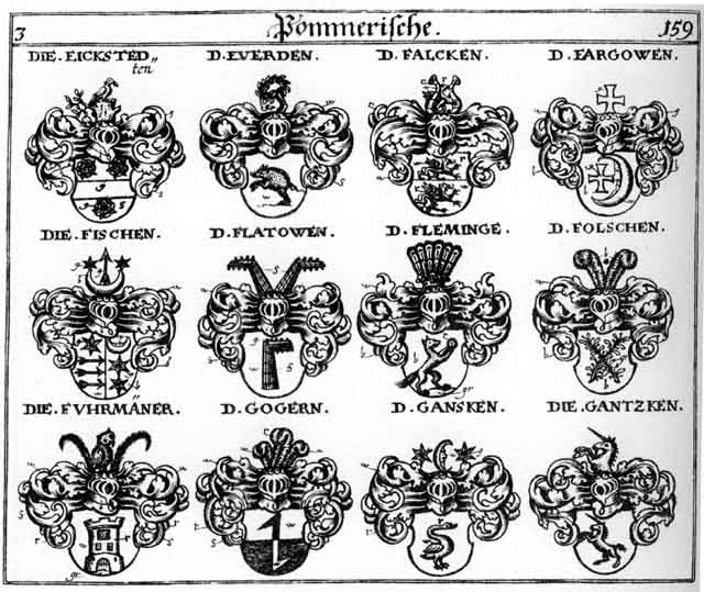 Coats of arms of Everden, Falcken, Fargowen, Fisch, Fischen, Flatowen, Flerninge, Folschen, Fuhrmänner, Gansken, Gantzken, Gogern