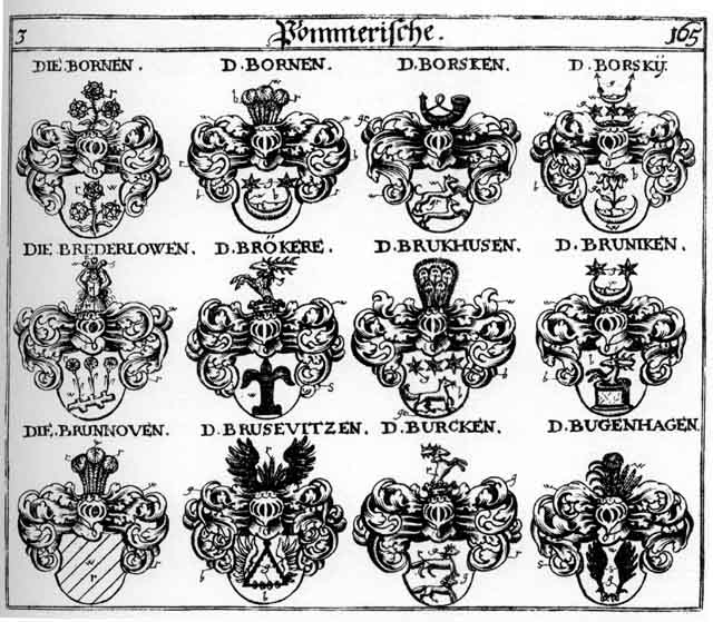 Coats of arms of Bornen, Borskii, Brederlow, Brederlowen, Bröckere, Brukhusen, Bruniken, Brunowen, Brusevitzen, Buggenhagen, Burck, Burcken, Lueginwolken