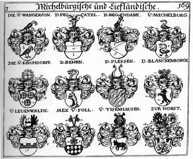 Coats of arms of Beer, Behr, Behrn, Bern, Blanckenborge, Borsken, Horst, Horsten, Kirchdorff, Leuenwalde, Machelburg, Mecklenburg, Mex, Negendanck, Peccatel, Pern, Tissenhausen, Wangerson