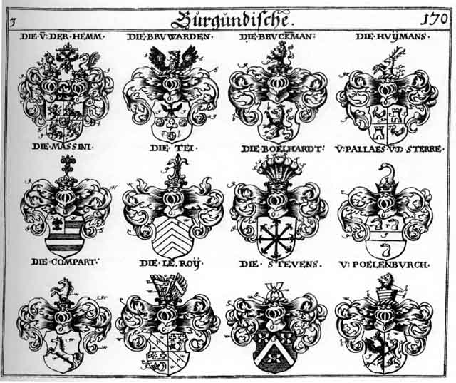 Coats of arms of Bruckmann, Bruward, Bruwarder, Compart, Hemm, Huymans, Ie Roy, Massini, Paelenburch, Pallaes, Stevens, Tei