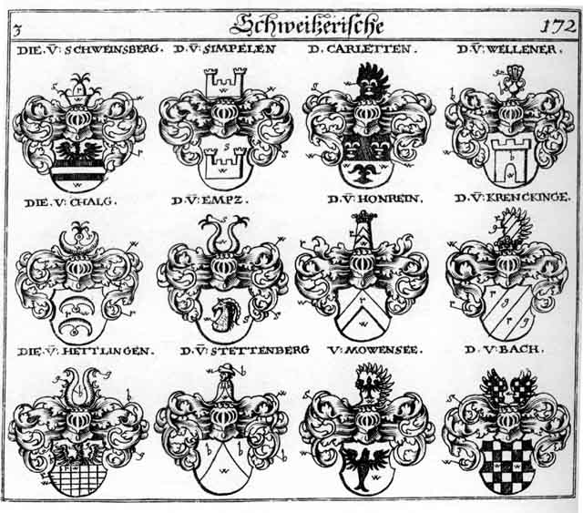 Coats of arms of Bach, Bachen, Carlatten, Chalg, Diest, Embs, Emps, Hettlingen, Krenckinge, Mowenfec, Pach, Schweinsberg, Simpelen, Stettenberg, Wellener