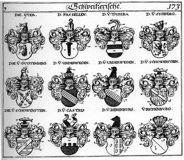 Coats of arms of Berenburg, Castris, Guotenberg, Passellen, Richenburg, Schowenstein, Sigberg, Tumba, Tumben, Underwegen, Unterwegen, Zolikofer, Zollickhoffer, Zolykofer