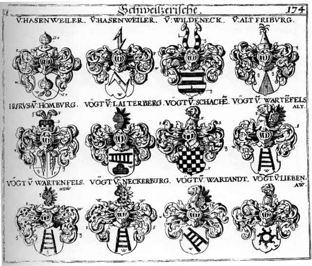 Coats of arms of Altfreiburg, Friburg, Fryburg, Hasenweiler, Vögt, Vögten, Voiten, Wildeneck