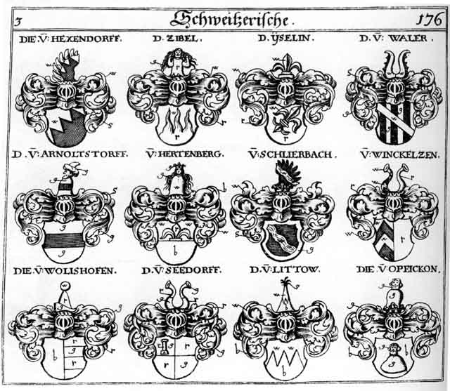 Coats of arms of Arnoltsdorff, Hertenberg, Hexenberg, Hörtenberg, Iselin, Littow, Opeickon, Seedorff, Waler, Waller, Winckelzen, Wolishoven, Yselin, Zibel