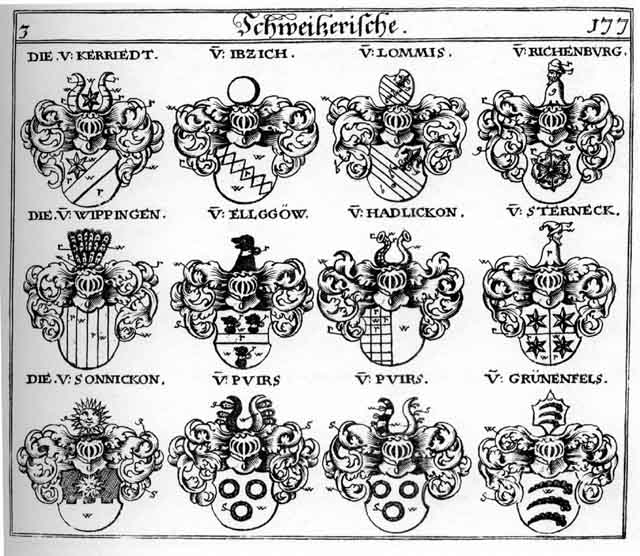 Coats of arms of Elgöw, Ellggöw, Grüenfels, Grünenfels, Hadlickon, Ibzich, Kerriedt, Lommis, Närringer, Puirs, Richenburg, Sonnickon, Sterneck, Wippingen