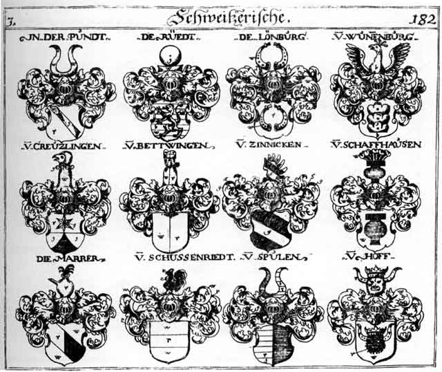 Coats of arms of Bettwingen, Creutzlingen, Hof, Hoff, in der Pündt, Loenburg, Lönburg, Marrer, Riedl, Riedt, Riet, Ruedt, Schaffhausen, Schuffenriedt, Spulen, Wunnenburg, Zinnicken