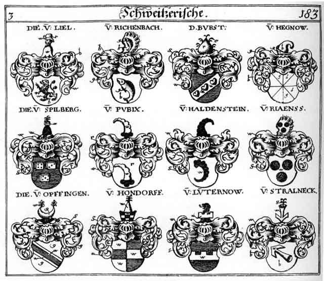 Coats of arms of Burst, Haldenstein, Hegnow, Hondorff, Liel, Lüternow, Opffingen, Pubix, Riaertss, Richenbach, Spilberg, Stralneck