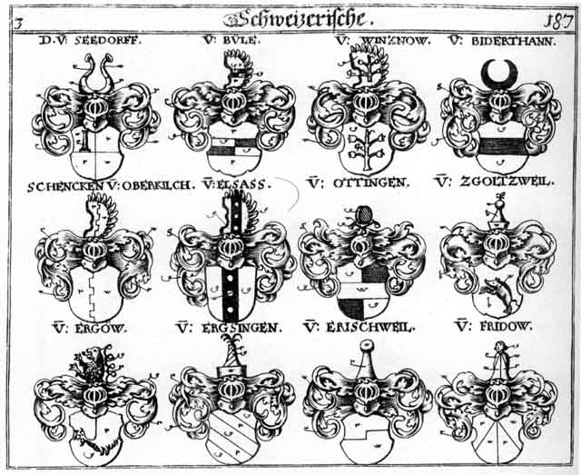 Coats of arms of Biderthann, Büle, Elsas, Ergöio, Ergsingen, Erischweil, Fridow, Ottingen, Seedorff, Wintznow, Zgöltzweil