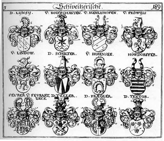 Coats of arms of Boltschausen, Deller, Feurartz, Feurer, Fröwyss, Greiner, Höwdorff, Höwdorffer, Irmensee, Lindow, Lynsy, Menlishofen, Praegler, Schilter, Teller, Textor