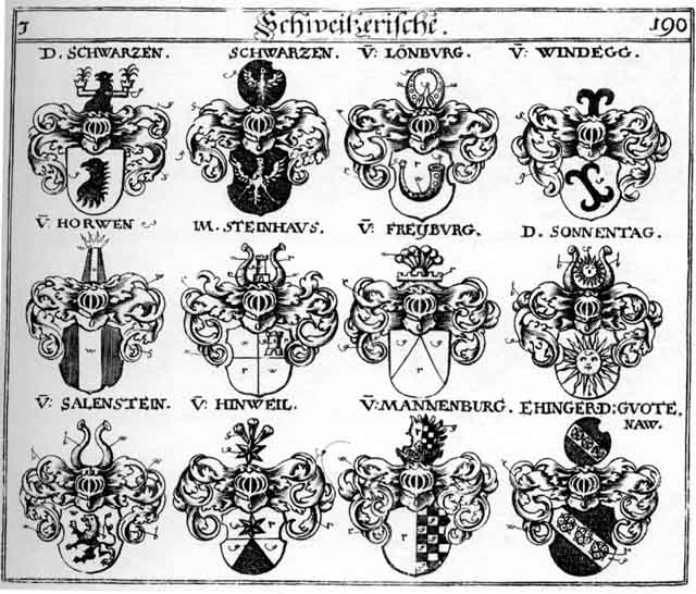 Coats of arms of Freyburg, Hinweil, Horwen, Loenburg, Lönburg, Mannenburg, Salenstein, Schwartz, Schwartzen, Stainhausen, Steinhaus, Steinhausen, Windegg, Wucherer