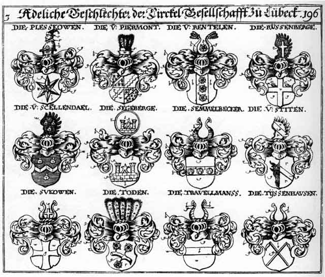 Coats of arms of Piermont, Pleskowen, Rentelen, Russenberge, Scellendael, Segeberge, Semmelbecker, Sokowen, Stiten, Sukowen, Tod, Todten, Travelmanns, Tyssenhausen