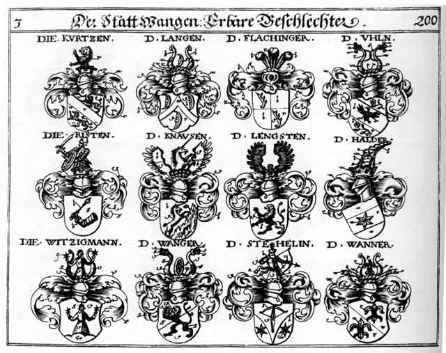Coats of arms of Flachinger, Halder, Knausen, Lang, Langen, Lengstein, Risten, Rysten, Stehelin, Uhln, Wanger, Wanner, Witzigmann