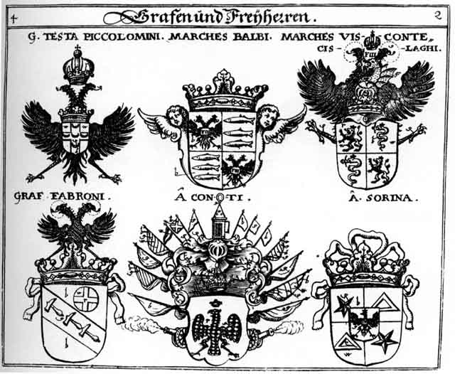 Coats of arms of Balbi, Cislaghi Margr, Conti, Fabroni, Piccolomini, Sorina, Visconte