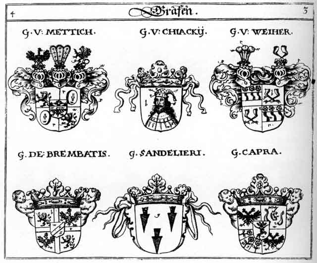 Coats of arms of Brembatis, Capra, Chiackii, Chyacky, Kraus, Krausen, Mettich, Sandelieri, Weiher