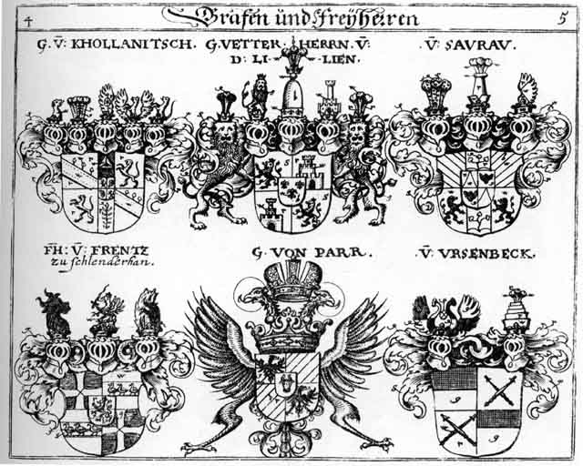 Coats of arms of Frentz FH, Khollanitsch, Parr, Saurau, Ursenpeck, Vetter