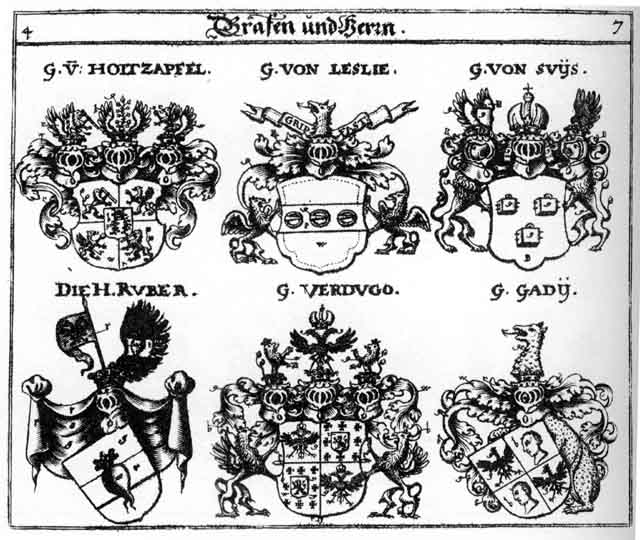 Coats of arms of Gady, Holtzapfel, Leslie, Suys, Verdugo