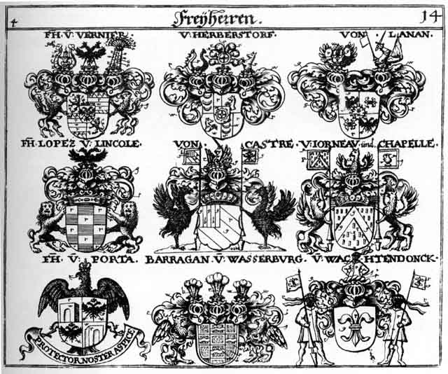 Coats of arms of Barragan FH, Castre FH, Chapelle FH, Goertzer, Herbersdorff HF, Jorneau FH, Lanan FH, Lopez FH, Porta FH, Vernier FH