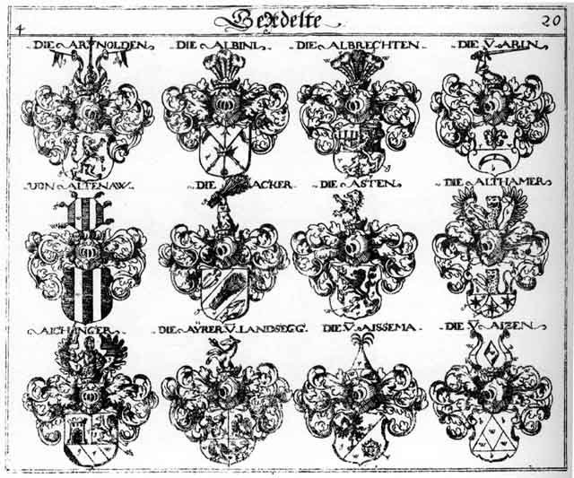 Coats of arms of Acker, Aichinger, Aissema, Aizen, Albini, Albrecht, Albrechten, Altenaw, Althamer, Arln, Arnold, Arnolden, Arnolt, Asten, Ayrer