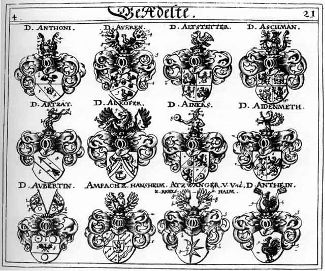 Coats of arms of Aidenmeth, Ainkes, Alkofer, Altstetten, Ampach, Antheim, Anthoni, Artzat, Aschman, Assmann, Atzwanger, Aubertin, Aueren, Awer, Manalter