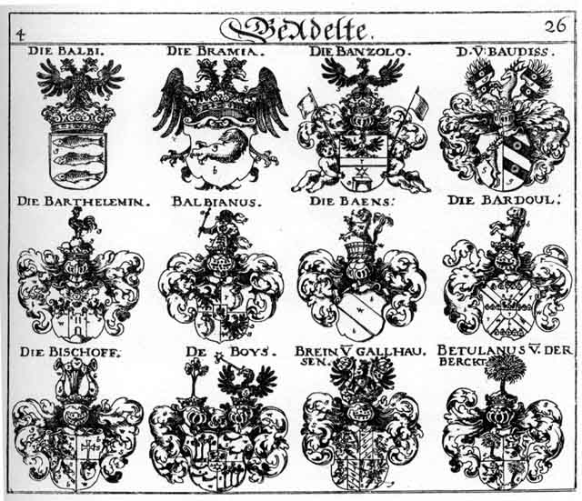 Coats of arms of Baëns, Balbi, Balbiarius, Banzolo, Bardoul, Barthelemen, Baudis, Betulanus, Bischoff, Boys, Bramia, Brein, Preine, V  der Berckt