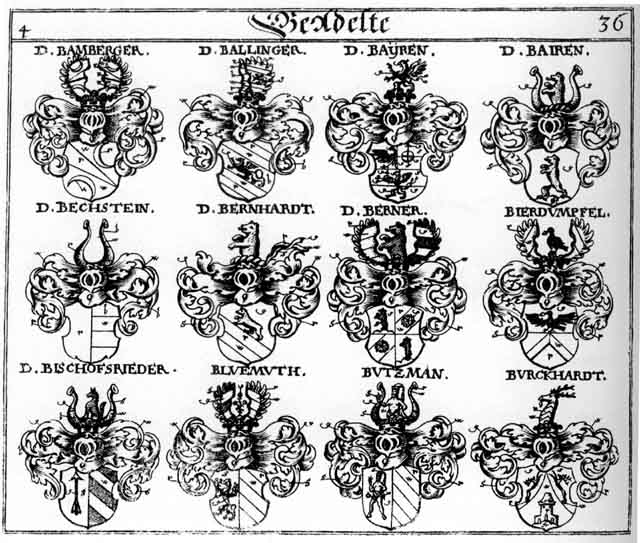Coats of arms of Bairen, Ballinger, Bamberger, Bayrn, Bechstein, Berenhard, Berner, Bernhard, Bierdümpfel, Bischofsrieder, Bluermuth, Butzman