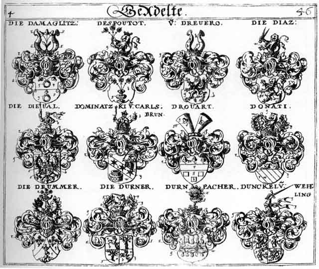 Coats of arms of Despoutot, Diatz, Dieval, Dominatzky, Donati, Drevero, Drouart, Drummer, Dunckel, Dürnbacber, Durner, Durnpacher, Thurner, Turner