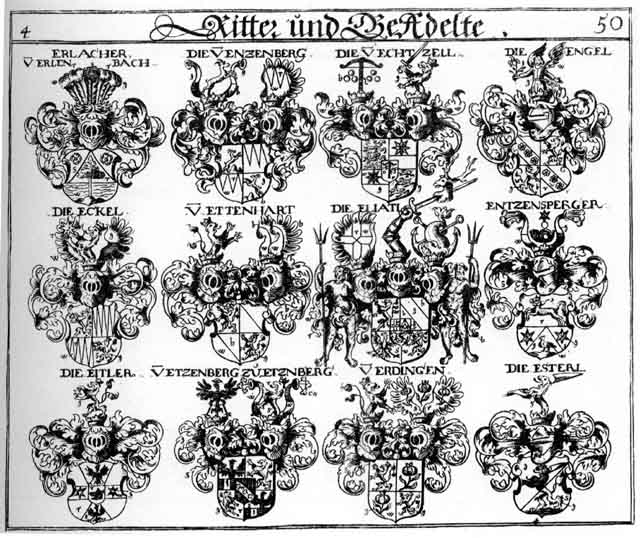Coats of arms of Echtzell, Eckel, Eitler, Eliati, Engel, Engl, Entzenberg, Entzenberger, Erdingen, Erlacher, Esterl, Etzenberg