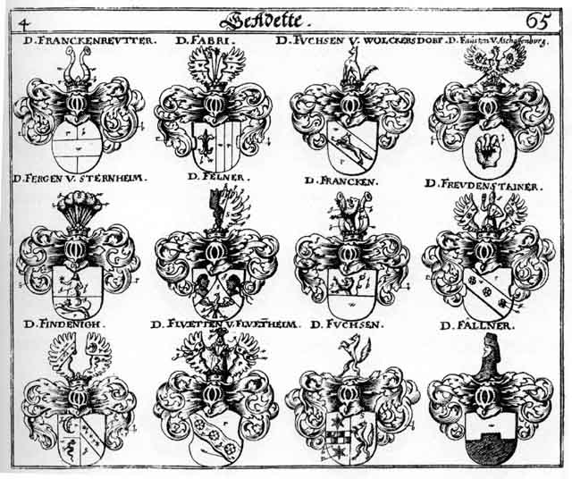 Coats of arms of Dietrichingen, Faber, Fabri, Fällner, Fausten, Fellner, Fergen, Findenich, Fluetten, Franckben, Francken, Franckenreuter, Freudensteiner, Fuchs, Fuchsen