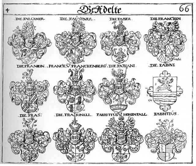 Coats of arms of Faber, Fabiani, Fabini, Fabri, Fabricii, Falckner, Faustner, Franckben, Francken, Franzin, Fras, Frasonell, Fresonell