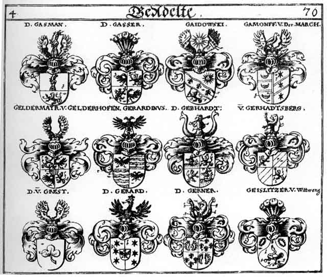 Coats of arms of Gaidowski, Gamonff, Gasmann, Gasser, Gebharden, Geislitzer, Geldermayr, Gerard, Gerardini, Gerhardtsberg, Gerner, Grest