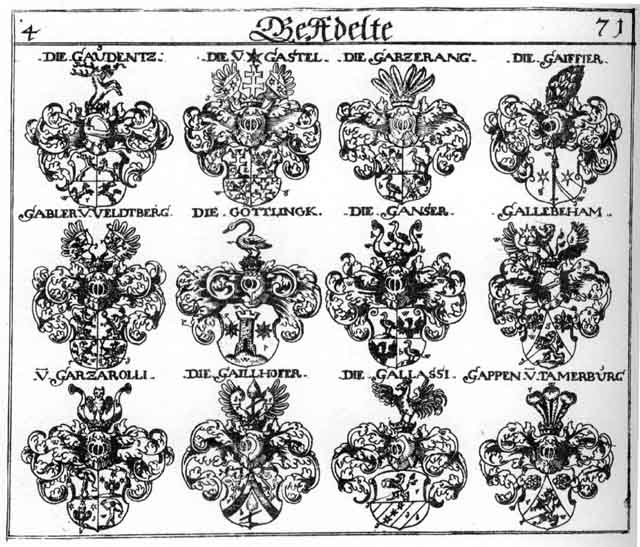 Coats of arms of Gabler, Gaiffier, Gaillhoser, Gallaffi, Gallebcham, Ganfer, Gappen, Garzarolli, Garzeranu, Gástel, Gaudenz, Gottlingk